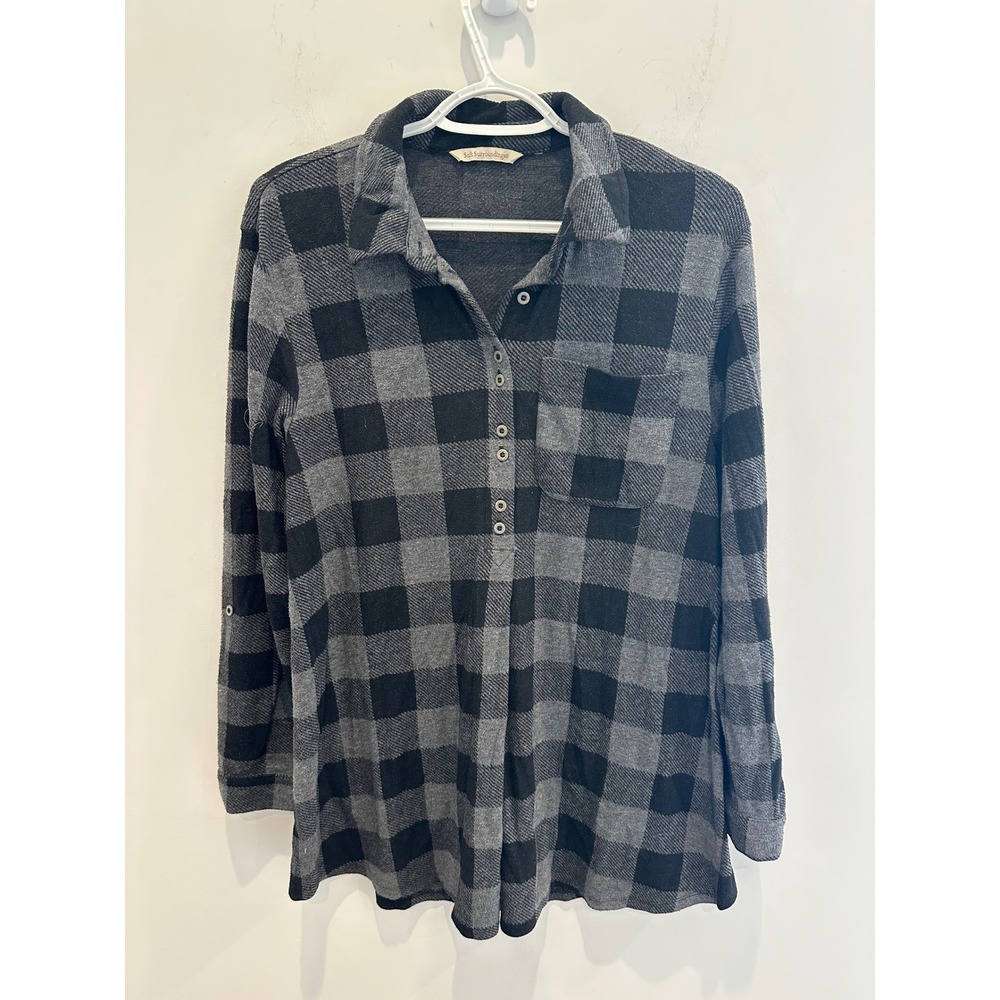 Soft Surroundings Buffalo Plaid Tunic Top Roll Tab Sleeve Knit Shirt size M